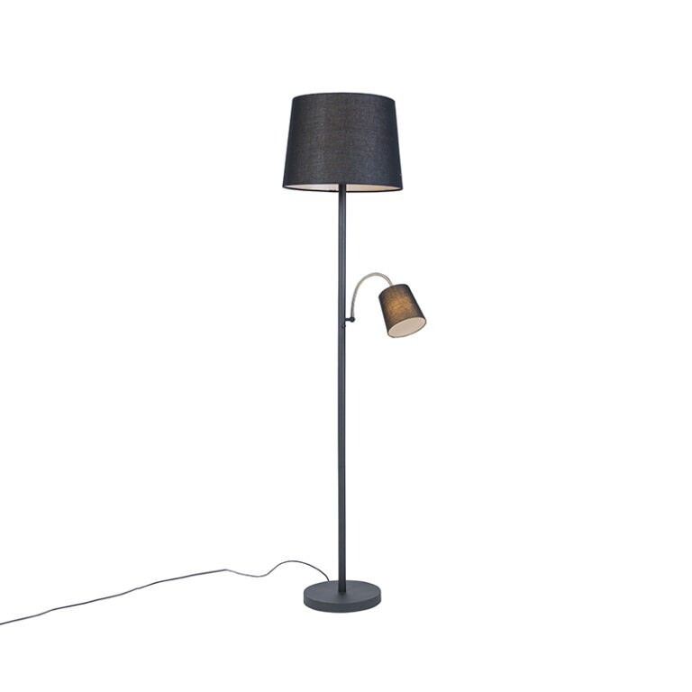 Klasická stojací lampa černá s černým odstínem a světlem na čtení - Retro
