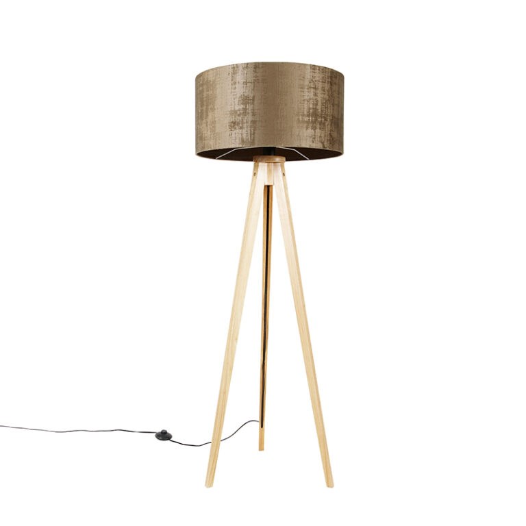 Stojací lampa dřevěná s látkovým stínidlem hnědá 50 cm - Tripod Classic